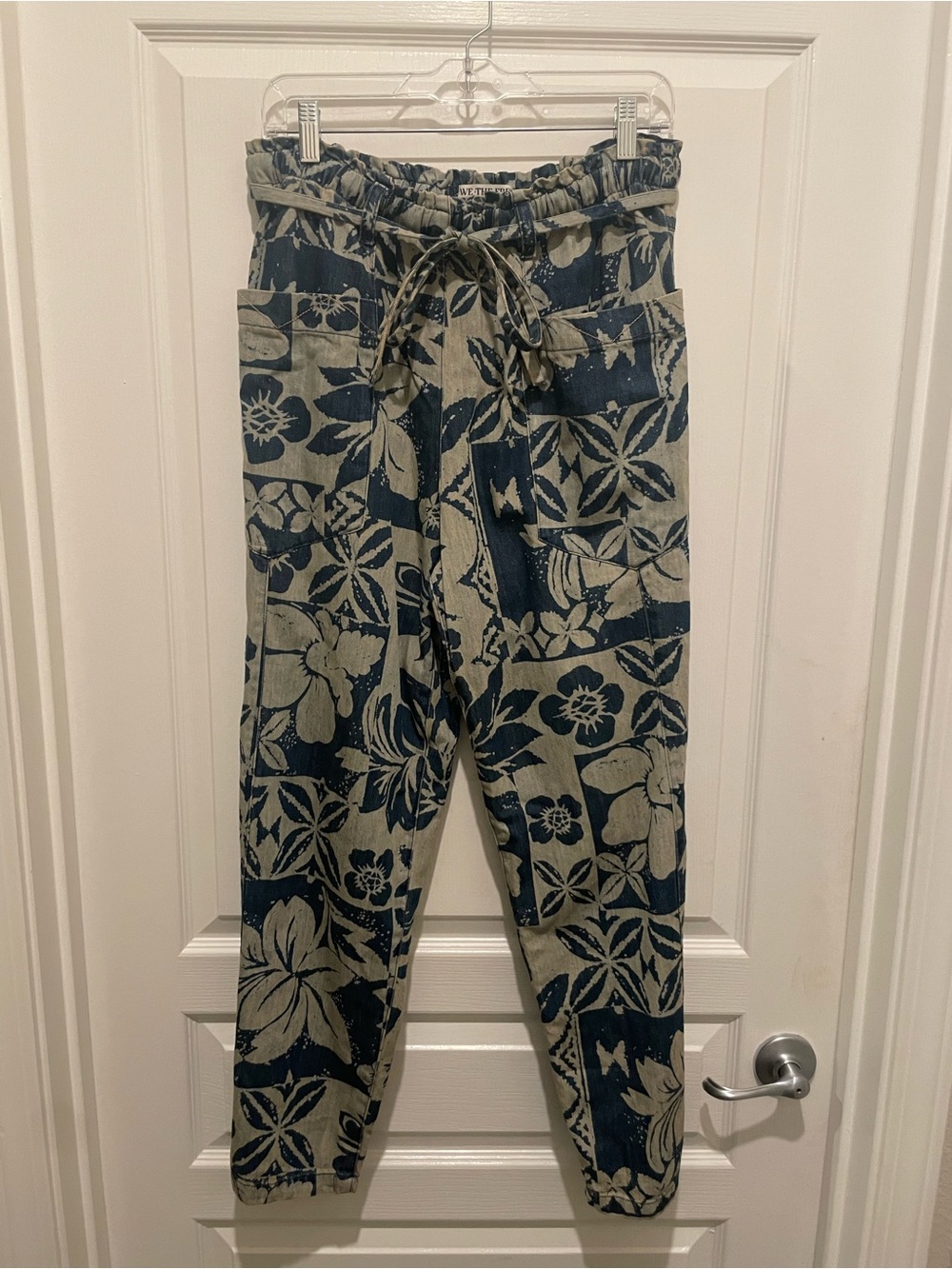 We The Free Casual Floral Drawstring Wide Leg Pants - Navy/Beige
